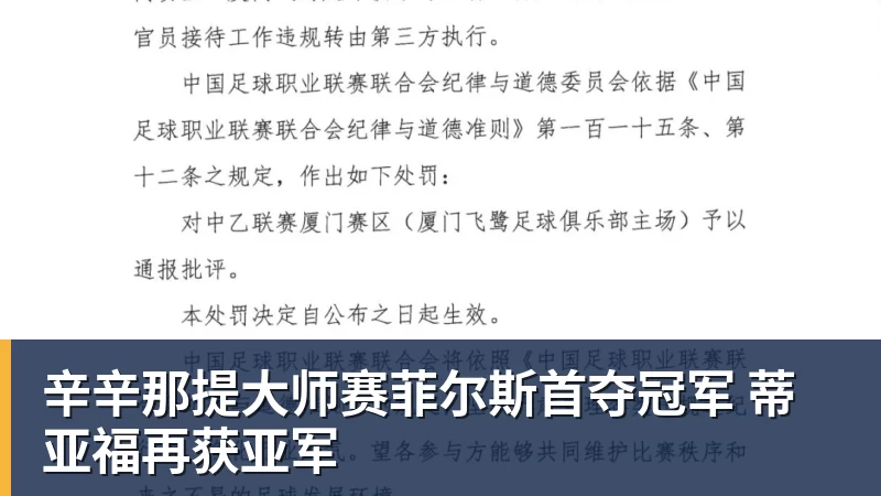 辛辛那提大师赛菲尔斯首夺冠军 蒂亚福再获亚军